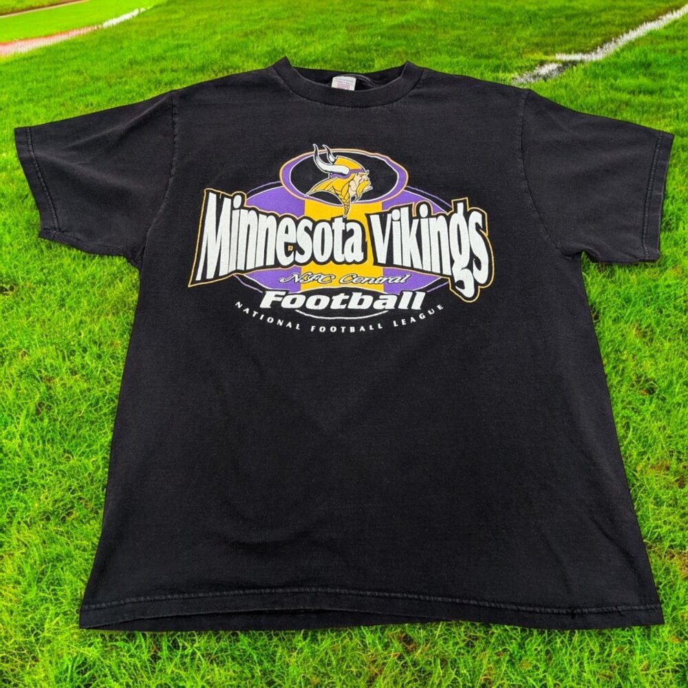 NFL Minnesota Vikings NFC Central Vintage 90s Black T-Shirt Size L Logo 7‎